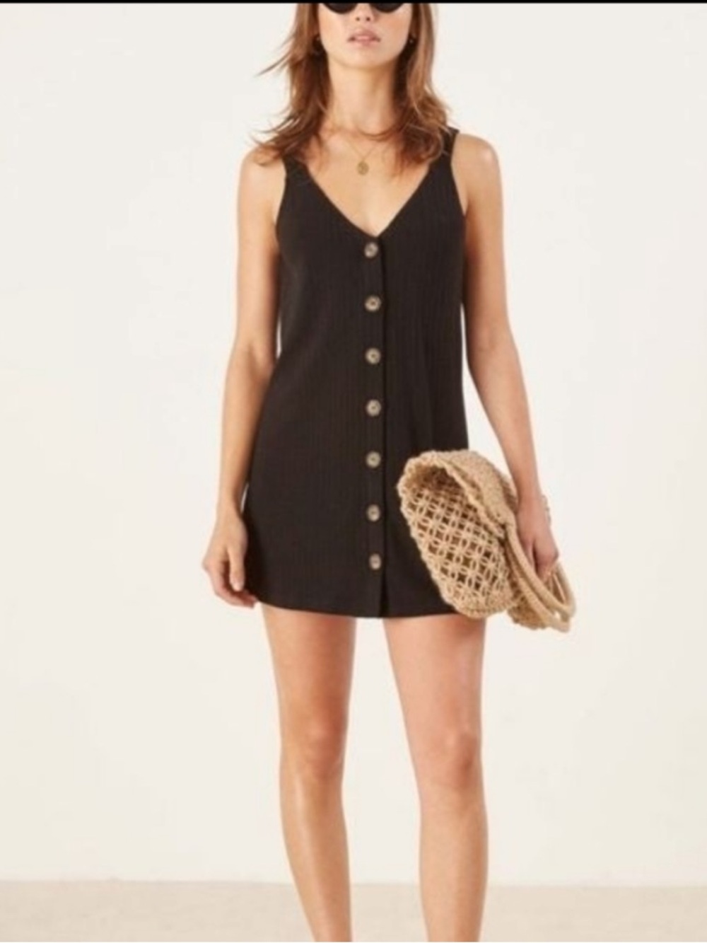Reformation como ribbed button up mini dress black medium v neck